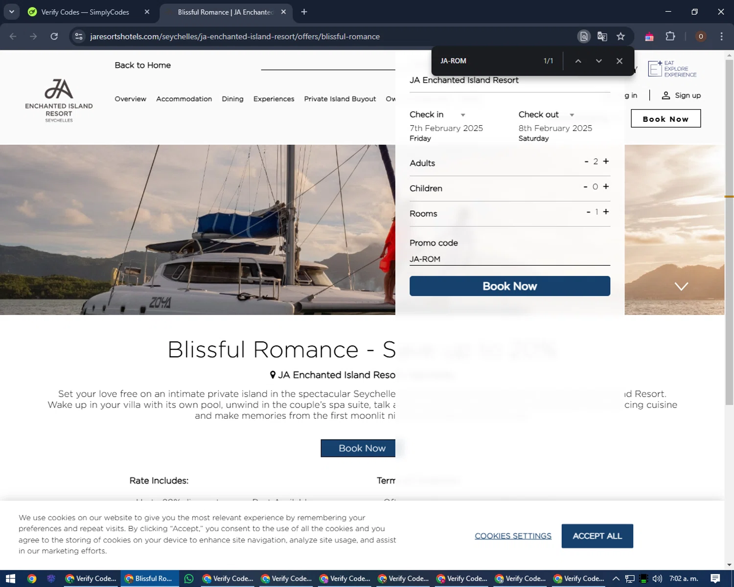 JA Resorts & Hotels checkout page showing JA Resorts & Hotels promo code box | Screenshot taken by SimplyCodes community member on Feb 7, 2025
