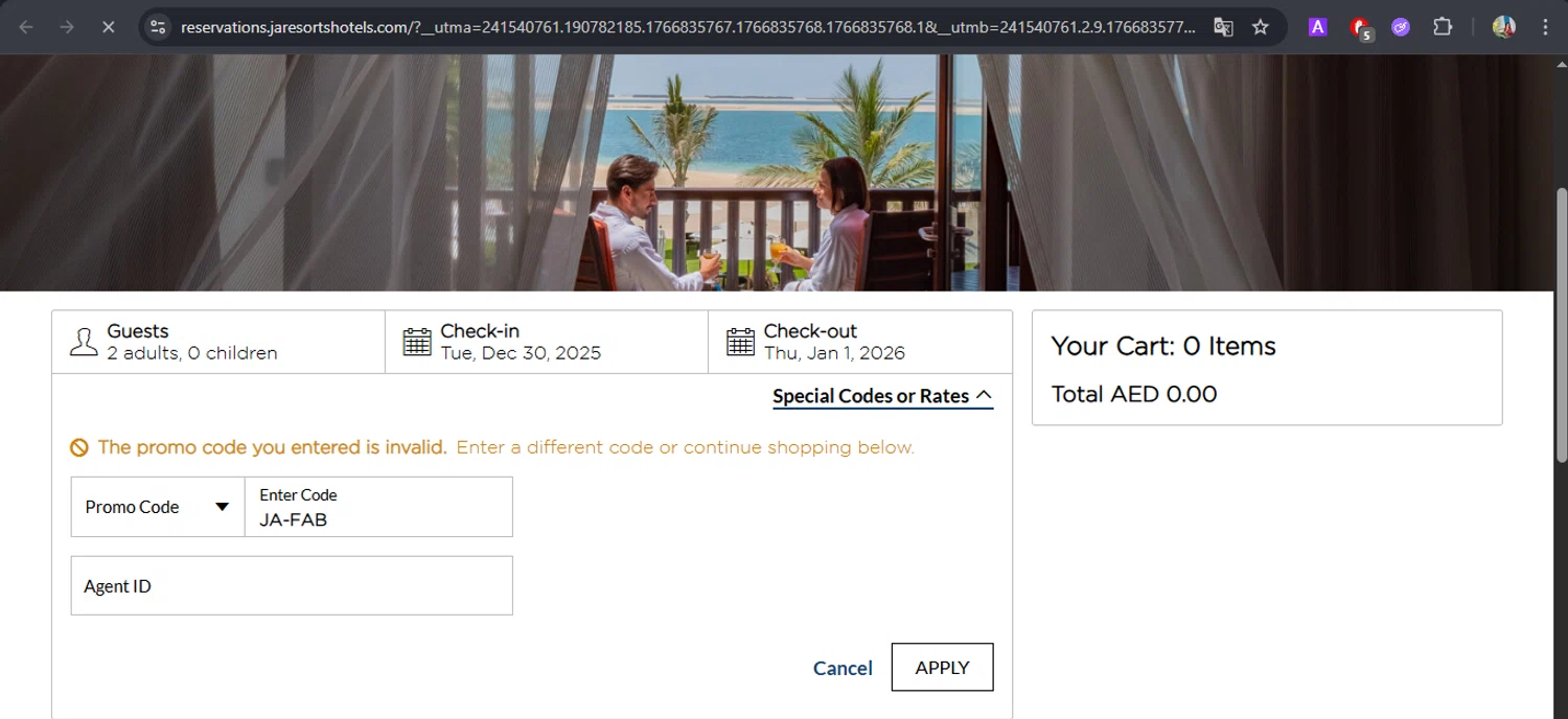 JA Resorts & Hotels promo code screenshot showing code JA-FAB applied at JA Resorts & Hotels checkout page. Uploaded by SimplyCodes community member BrilliantFox7966 on Dec 27, 2025