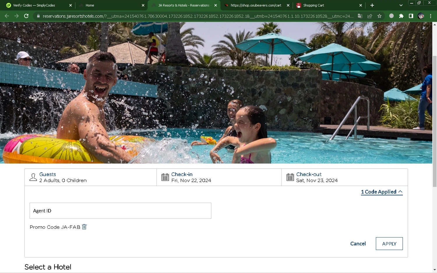 JA Resorts & Hotels checkout page showing JA Resorts & Hotels promo code box | Screenshot taken by SimplyCodes community member on Nov 22, 2024