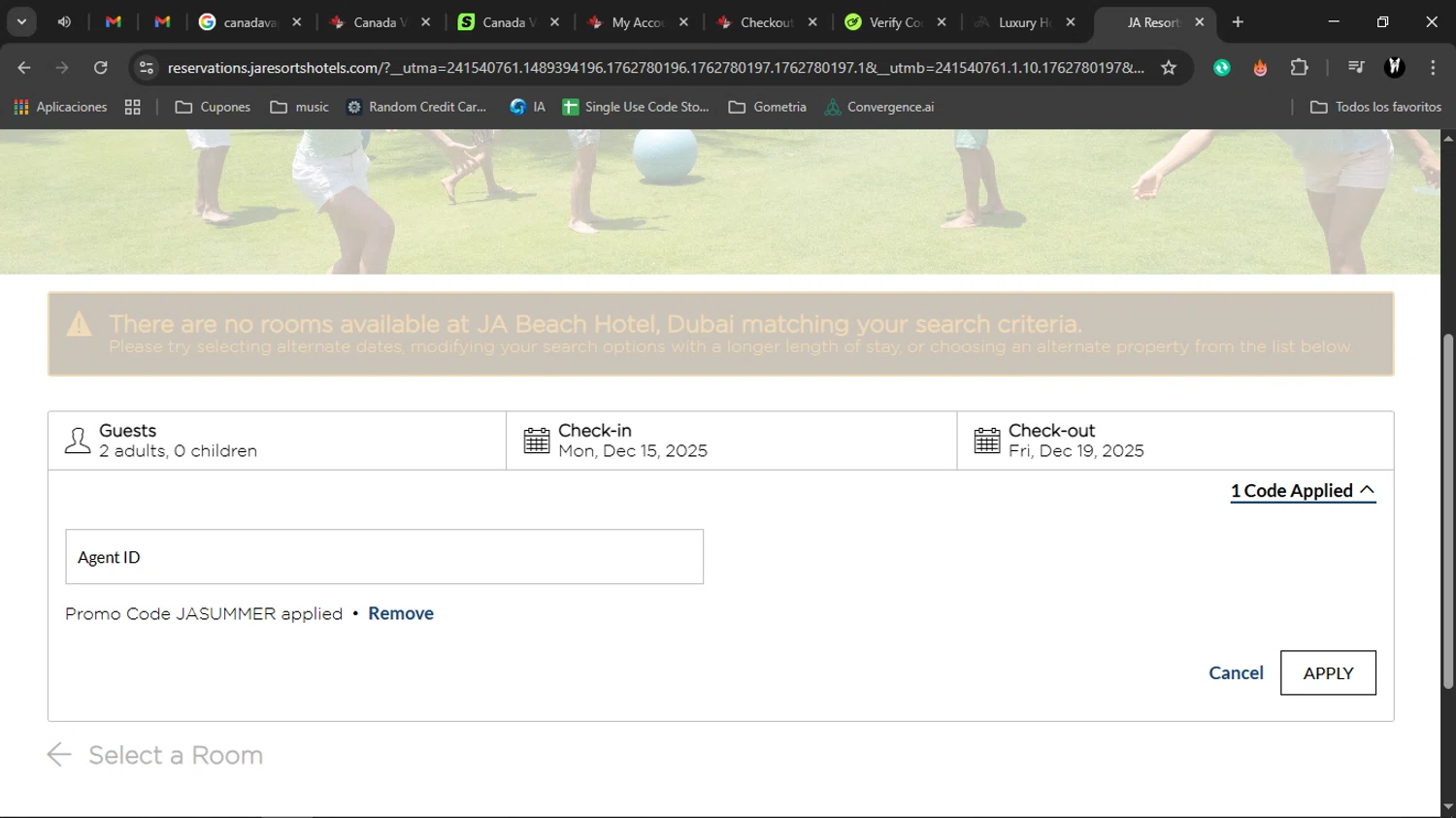 JA Resorts & Hotels promo code screenshot showing code JASUMMER applied at JA Resorts & Hotels checkout page. Uploaded by SimplyCodes community member Charlote on Nov 10, 2025