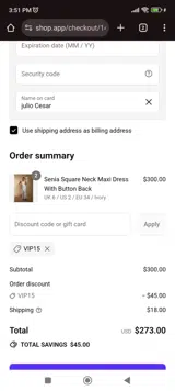 VIP15 coupon verification screenshot