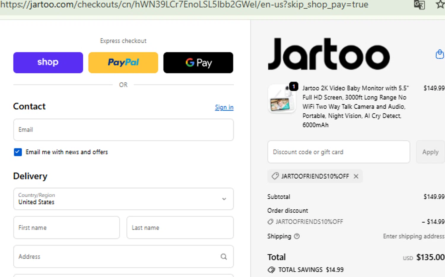 Jartoo promo code screenshot showing code JARTOOFRIENDS10%OFF applied at Jartoo checkout page. Uploaded by SimplyCodes community member RewardFinder4836 on Sep 19, 2025