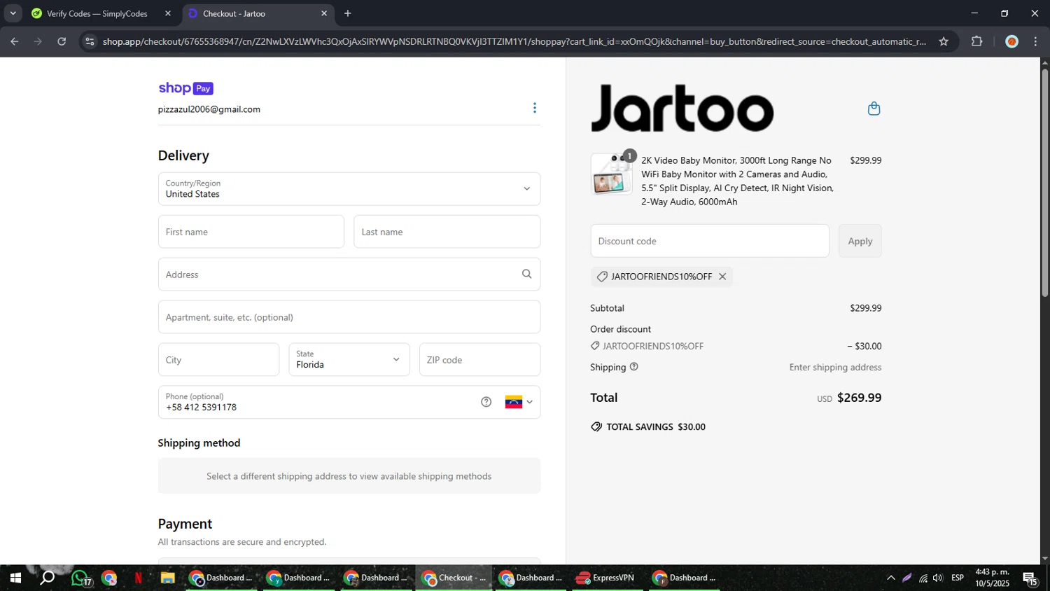 Jartoo promo code screenshot showing code JARTOOFRIENDS10%OFF applied at Jartoo checkout page. Uploaded by SimplyCodes community member BonusCaptain9927 on May 10, 2025