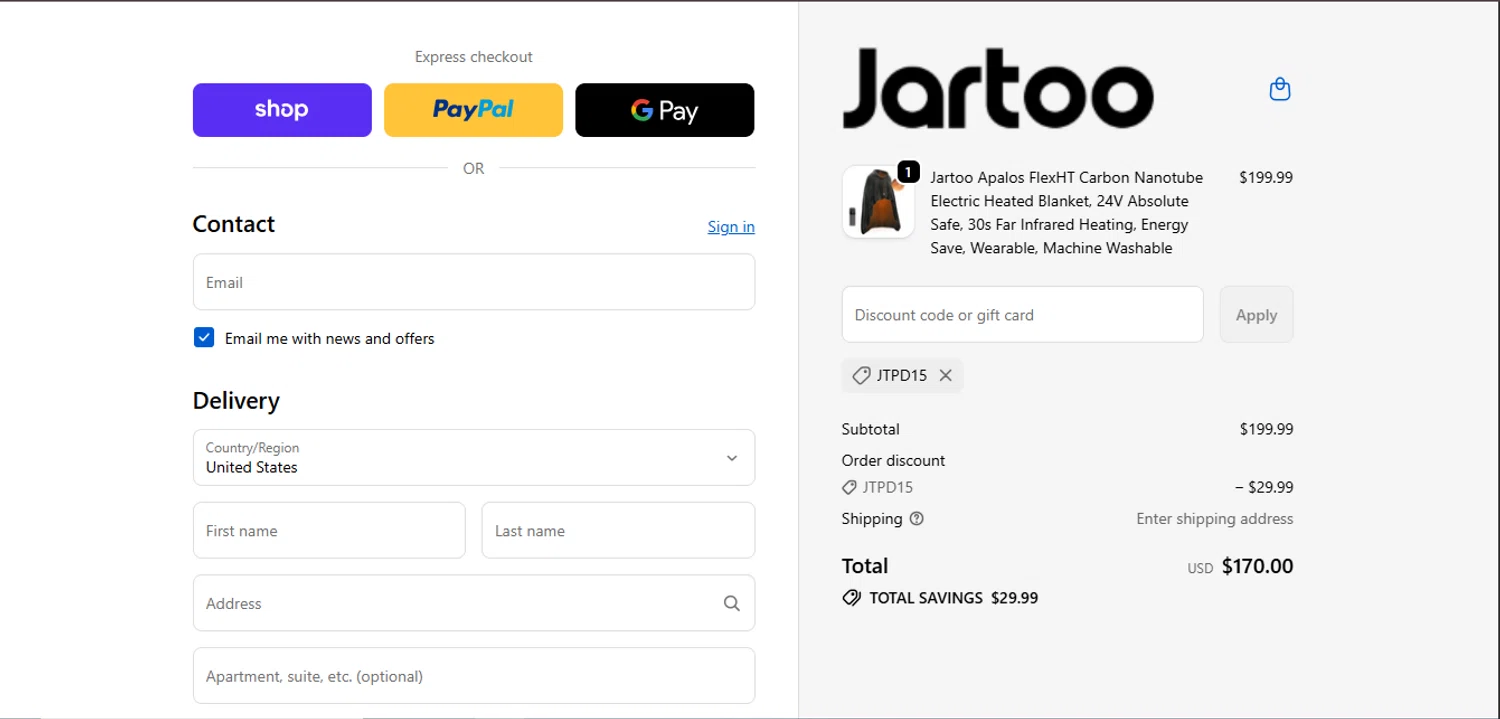 Jartoo promo code screenshot showing code JTPD15 applied at Jartoo checkout page. Uploaded by SimplyCodes community member juanisaac on Oct 29, 2025