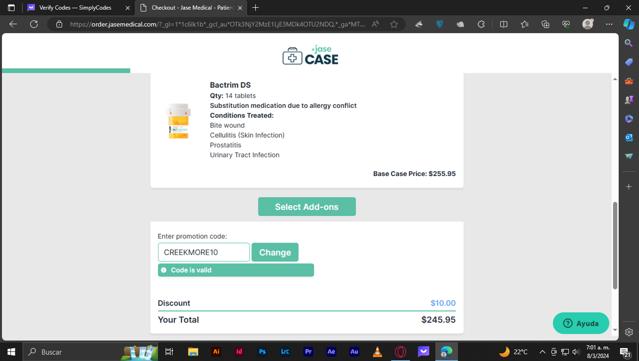 JASE Medical checkout page showing JASE Medical promo code box | Screenshot taken by SimplyCodes community member on Mar 8, 2024
