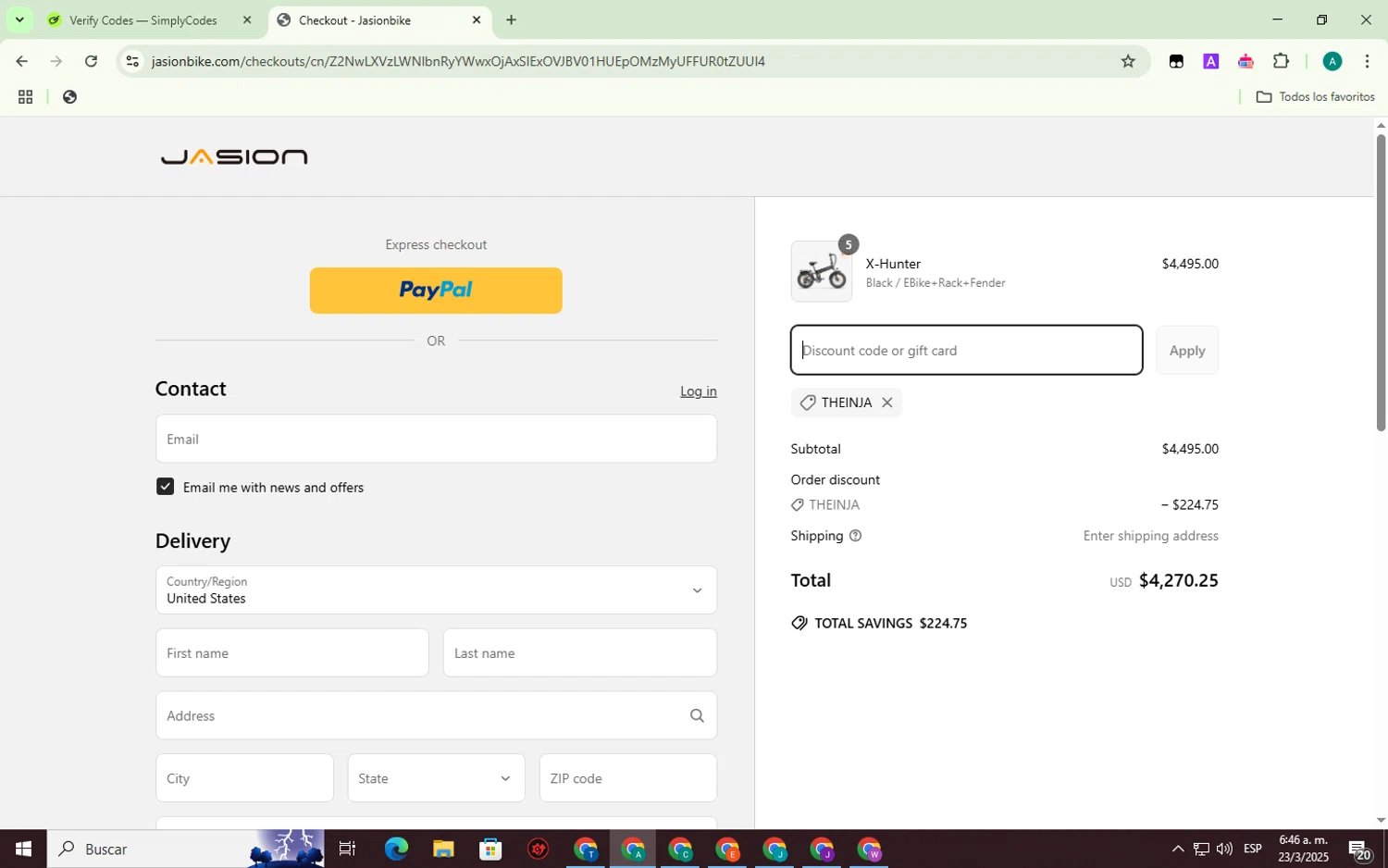 Jasion Bike discount code screenshot showing code TheInja applied at Jasion Bike checkout page. Uploaded by SimplyCodes community member ThriftyMaverick3223 on Mar 23, 2025