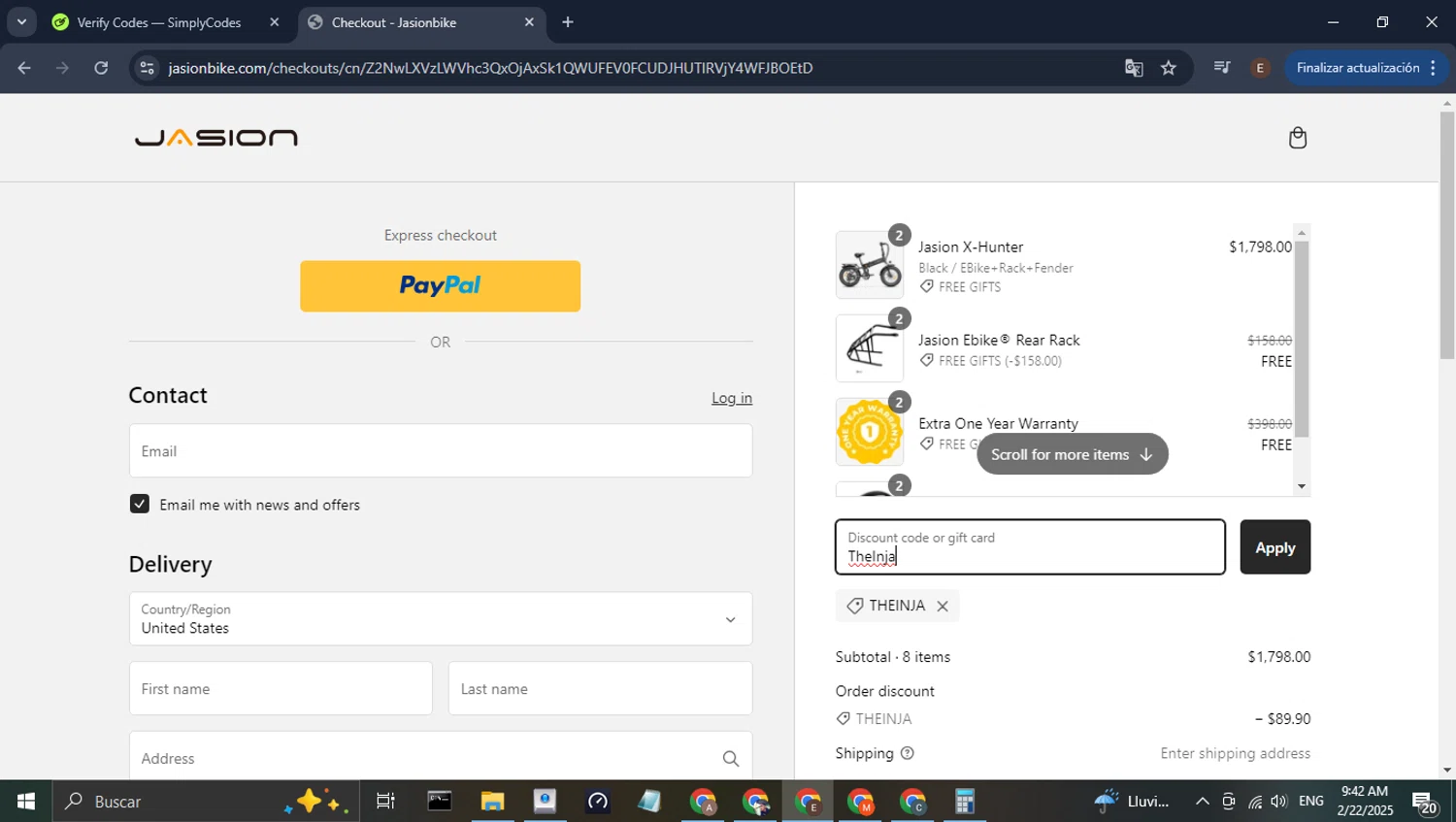 Jasion Bike discount code screenshot showing code TheInja applied at Jasion Bike checkout page. Uploaded by SimplyCodes community member WonderPilot3689 on Feb 22, 2025