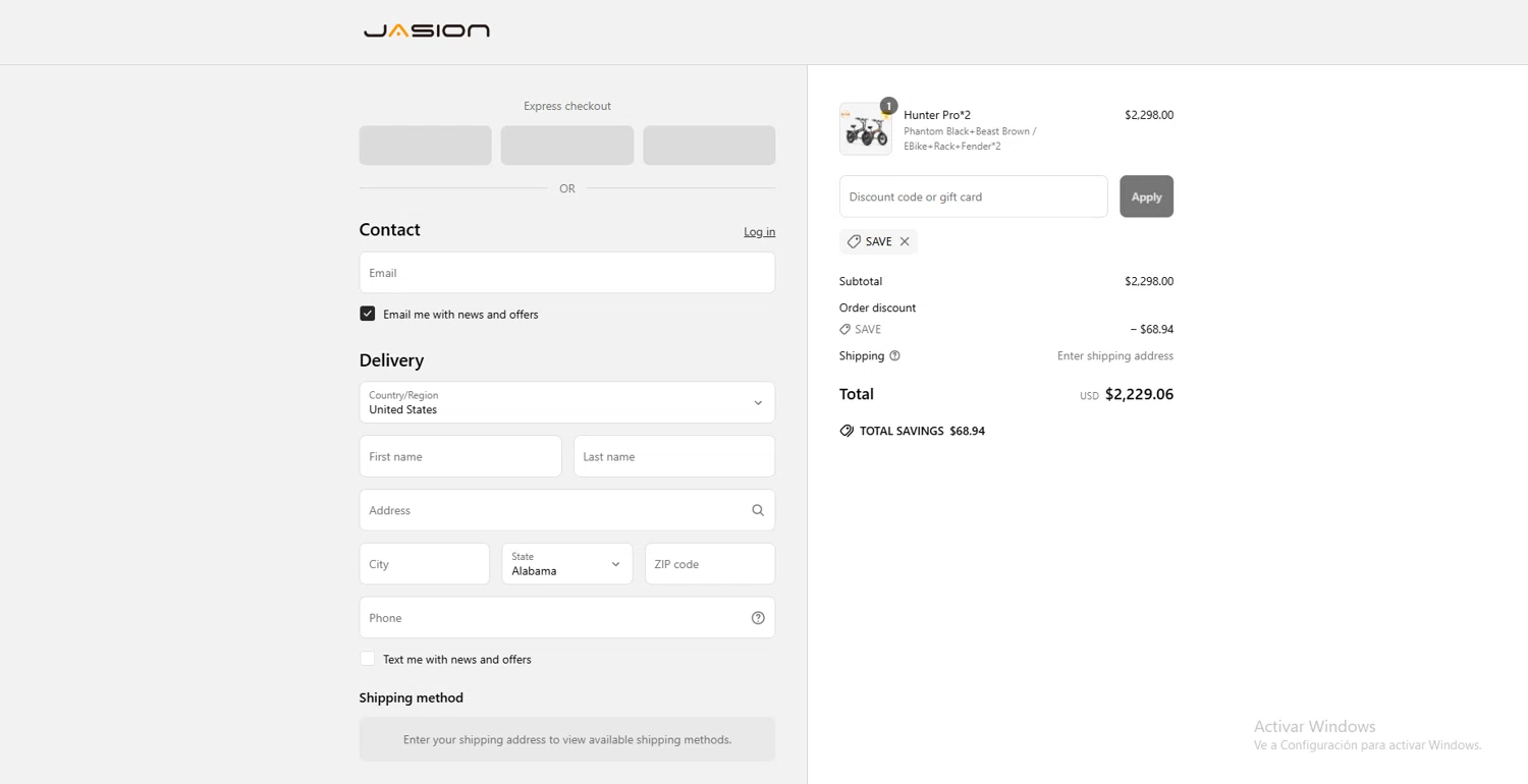 Jasion Bike discount code screenshot showing code SAVE applied at Jasion Bike checkout page. Uploaded by SimplyCodes community member VoucherLynx1047 on Jun 25, 2025