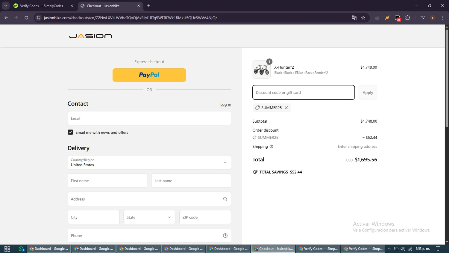 Jasion Bike discount code screenshot showing code SUMMER25 applied at Jasion Bike checkout page. Uploaded by SimplyCodes community member GoldSentinel1426 on Apr 18, 2025