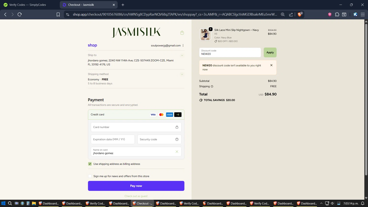 Jasmisilk promo code screenshot showing code NEW20 applied at Jasmisilk checkout page. Uploaded by SimplyCodes community member SoulPower on Nov 24, 2025