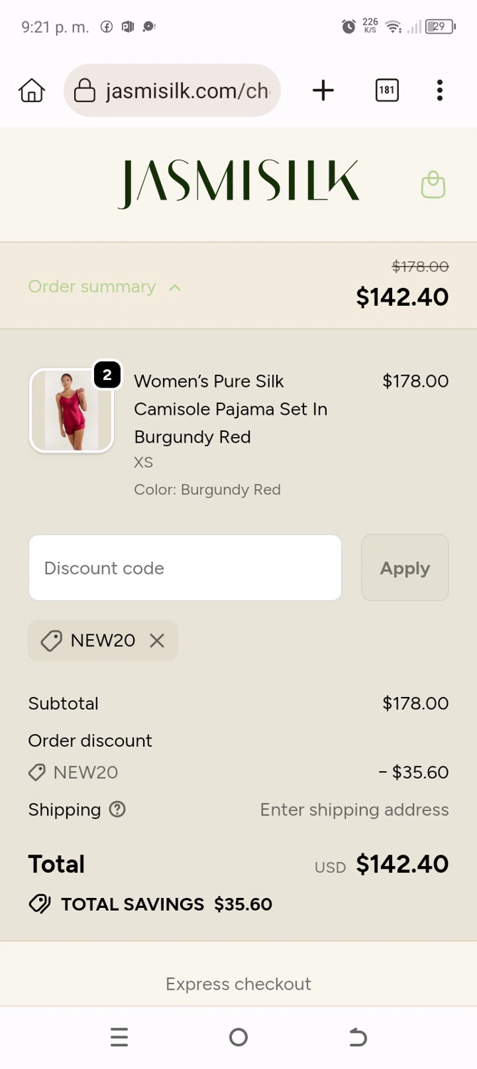 Jasmisilk promo code screenshot showing code NEW20 applied at Jasmisilk checkout page. Uploaded by SimplyCodes community member Typer19 on Oct 11, 2025