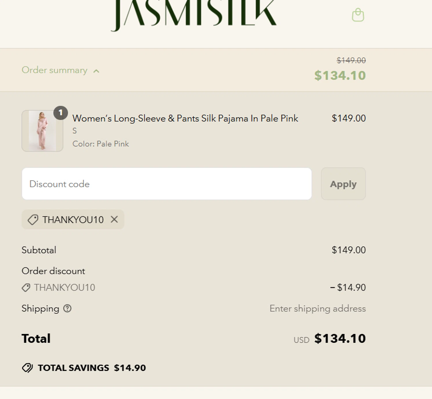 Jasmisilk promo code screenshot showing code THANKYOU10 applied at Jasmisilk checkout page. Uploaded by SimplyCodes community member Sethrollins on Mar 27, 2025