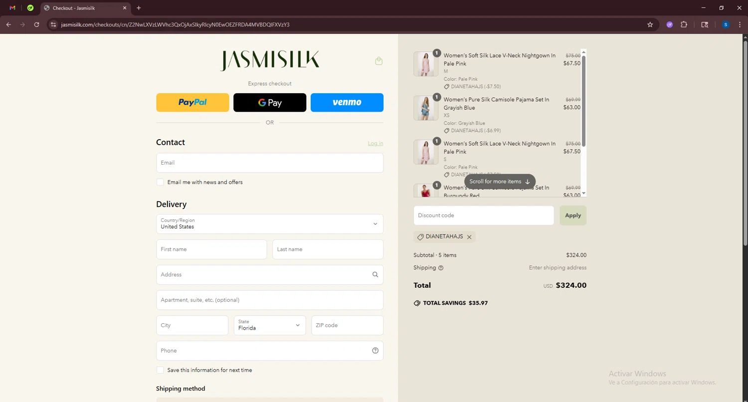 Jasmisilk promo code screenshot showing code DIANETAHAJS applied at Jasmisilk checkout page. Uploaded by SimplyCodes community member BrandoJose1 on Jun 18, 2025