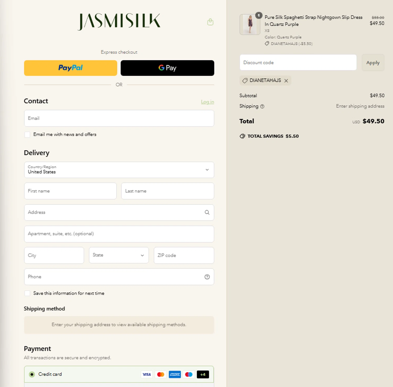 Jasmisilk promo code screenshot showing code DIANETAHAJS applied at Jasmisilk checkout page. Uploaded by SimplyCodes community member Tortugasninja on Mar 27, 2025