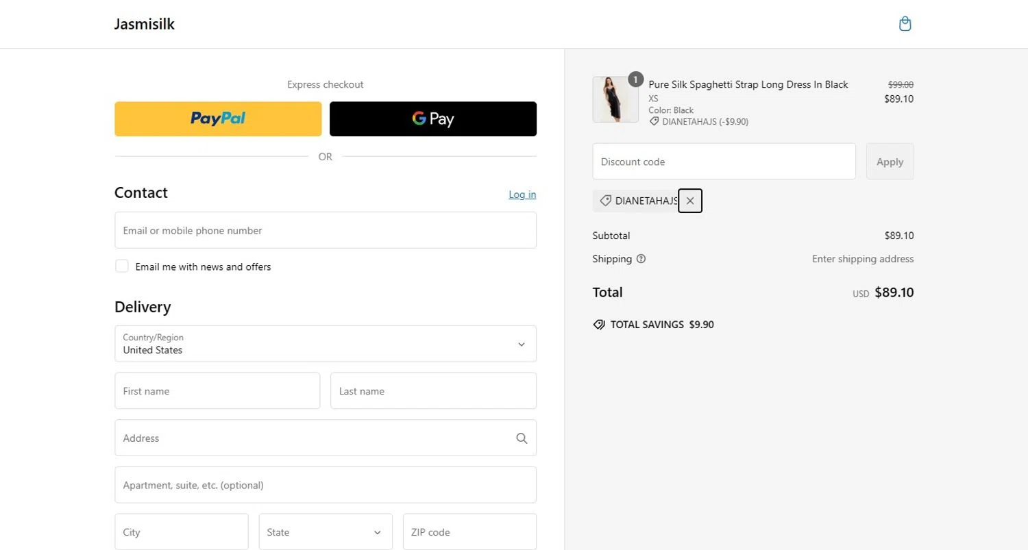 Jasmisilk promo code screenshot showing code DIANETAHAJS applied at Jasmisilk checkout page. Uploaded by SimplyCodes community member SilverTracker8198 on Jan 31, 2025
