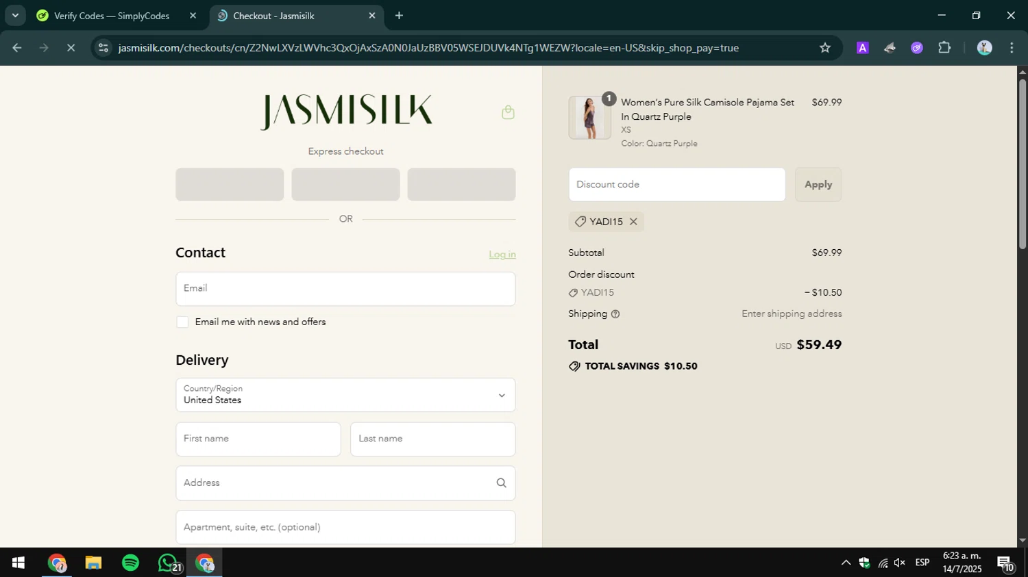 Jasmisilk promo code screenshot showing code YADI15 applied at Jasmisilk checkout page. Uploaded by SimplyCodes community member CrownHero8789 on Jul 14, 2025