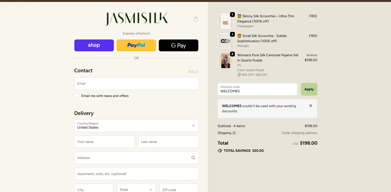 Jasmisilk promo code screenshot showing code WELCOME5 applied at Jasmisilk checkout page. Uploaded by SimplyCodes community member BrillianteMaestro892 on Dec 5, 2025