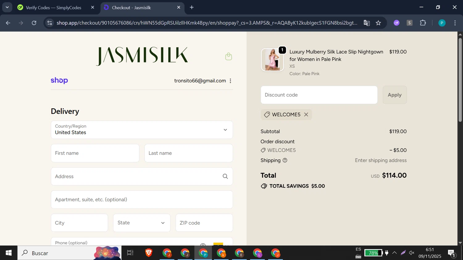 Jasmisilk promo code screenshot showing code WELCOME5 applied at Jasmisilk checkout page. Uploaded by SimplyCodes community member MagnificentHawk9066 on Nov 9, 2025