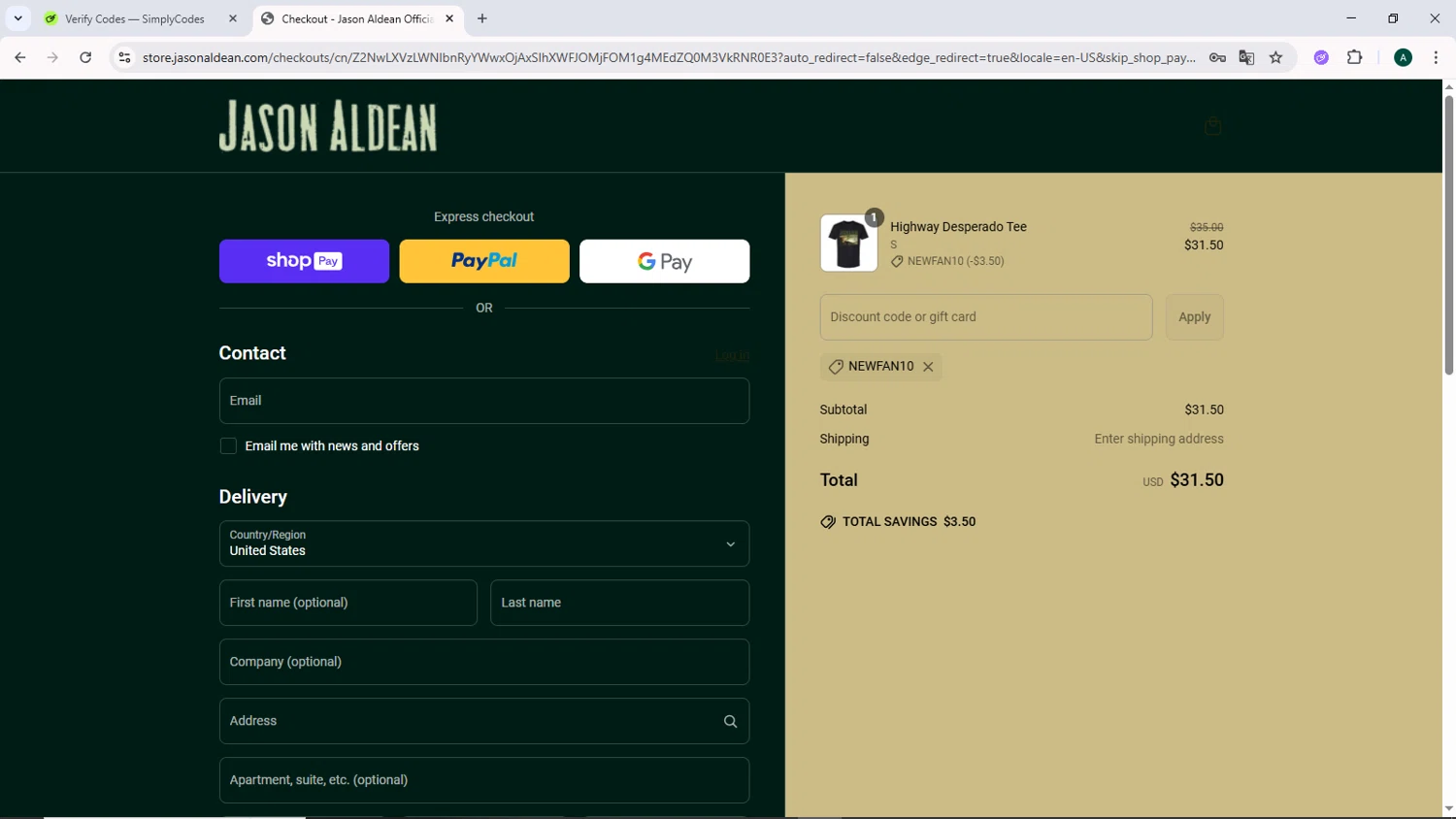 Jason Aldean promo code screenshot showing code NEWFAN10 applied at Jason Aldean checkout page. Uploaded by SimplyCodes community member DiscountCurator2907 on Jun 16, 2025
