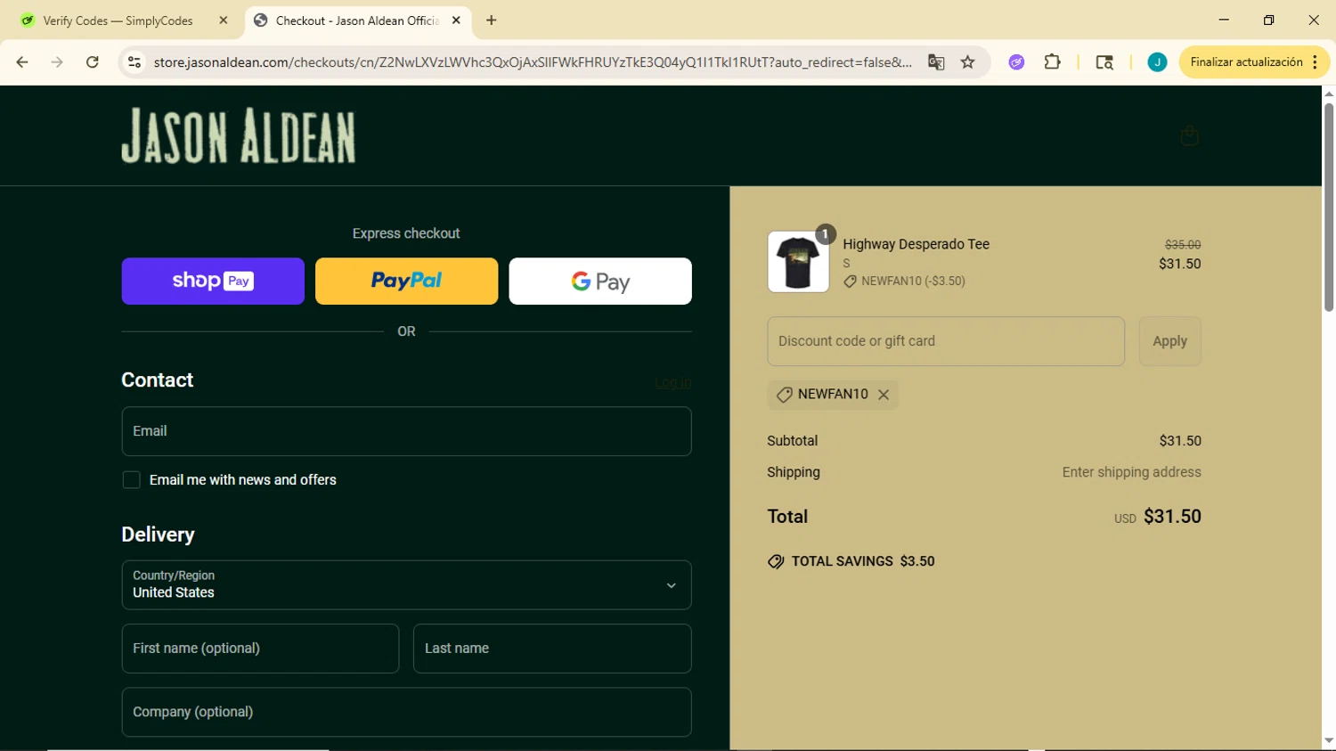 Jason Aldean promo code screenshot showing code NEWFAN10 applied at Jason Aldean checkout page. Uploaded by SimplyCodes community member GoldDefender3268 on Jun 23, 2025