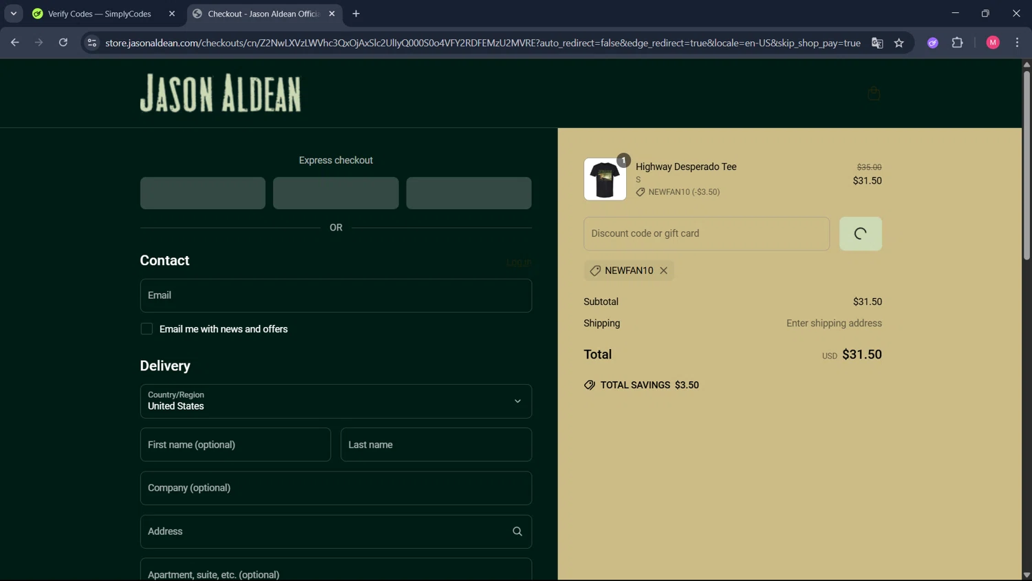 Jason Aldean checkout page showing Jason Aldean promo code box | Screenshot taken by SimplyCodes community member on May 26, 2025