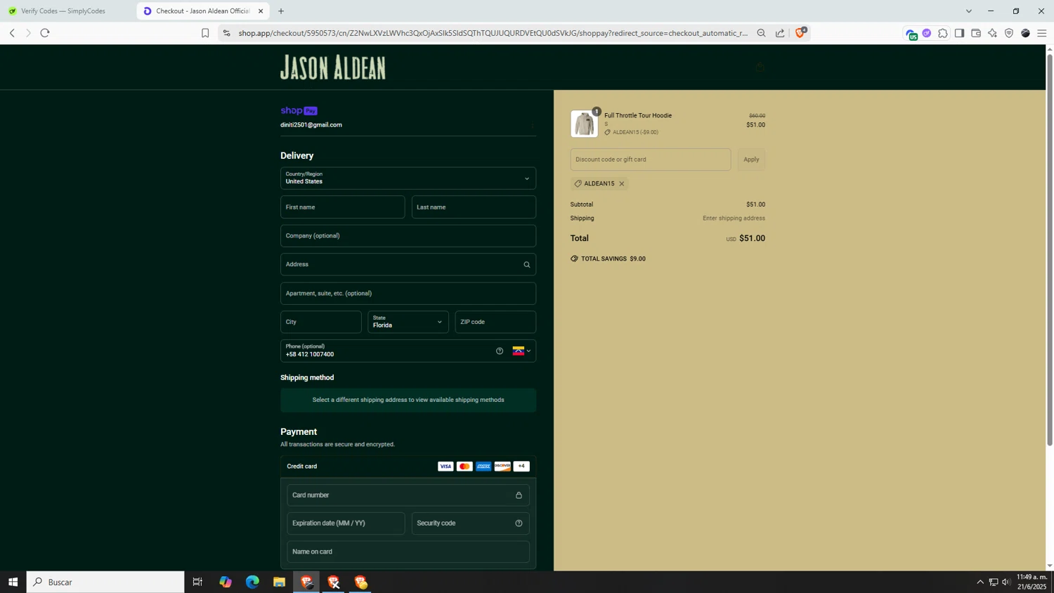 Jason Aldean checkout page showing Jason Aldean promo code box | Screenshot taken by SimplyCodes community member on Jun 21, 2025
