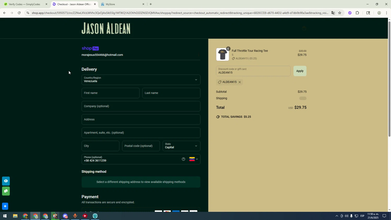 Jason Aldean checkout page showing Jason Aldean promo code box | Screenshot taken by SimplyCodes community member on Jun 21, 2025