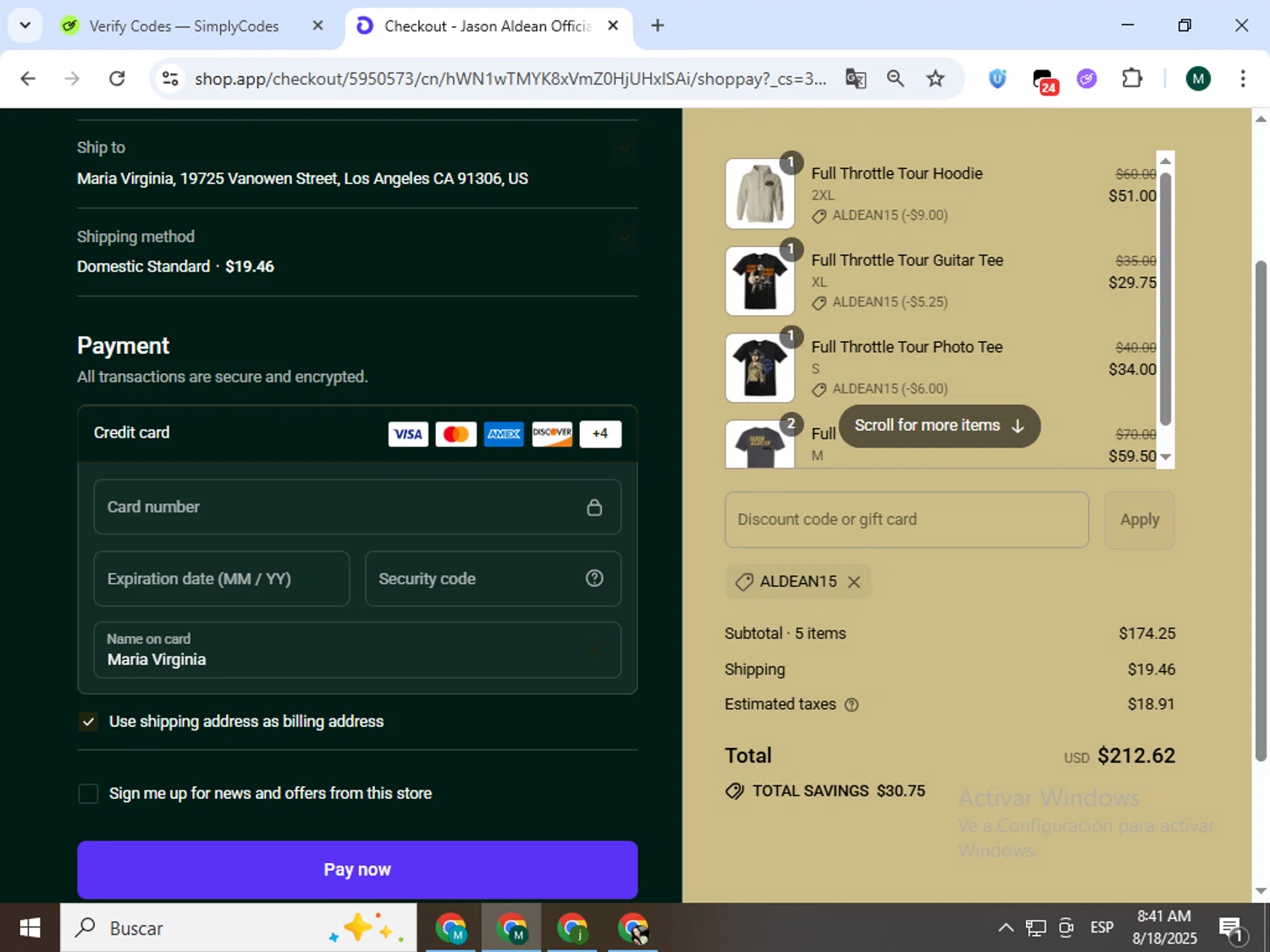 Jason Aldean promo code screenshot showing code ALDEAN15 applied at Jason Aldean checkout page. Uploaded by SimplyCodes community member Jorgeluisvera on Aug 18, 2025