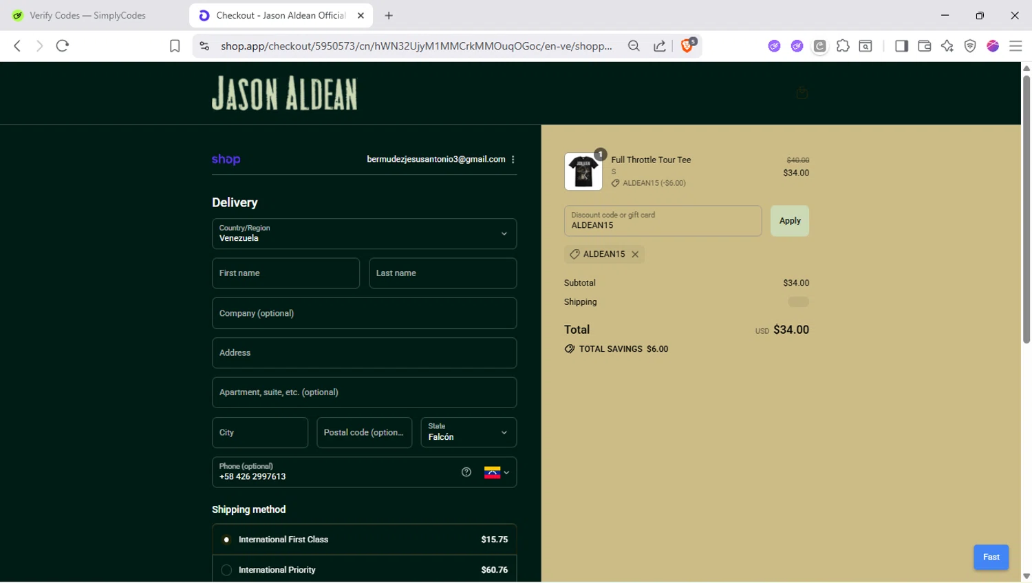 Jason Aldean promo code screenshot showing code ALDEAN15 applied at Jason Aldean checkout page. Uploaded by SimplyCodes community member SapeGato on Sep 16, 2025