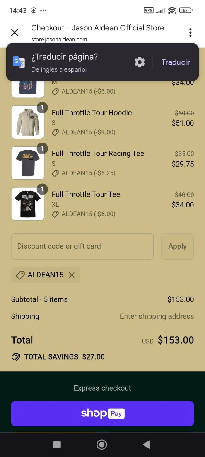 Jason Aldean promo code screenshot showing code ALDEAN15 applied at Jason Aldean checkout page. Uploaded by SimplyCodes community member ShieldWhiz4659 on Jul 20, 2025