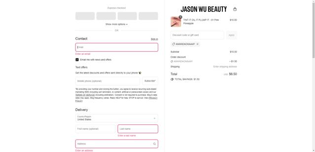 Jason Wu Beauty checkout page showing Jason Wu Beauty discount code box | Screenshot taken by SimplyCodes community member on Sep 15, 2025