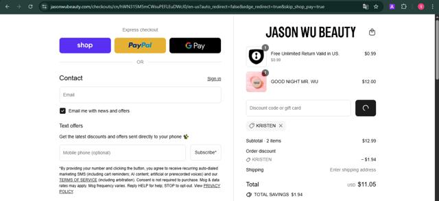 Jason Wu Beauty checkout page showing Jason Wu Beauty discount code box | Screenshot taken by SimplyCodes community member on Sep 15, 2025