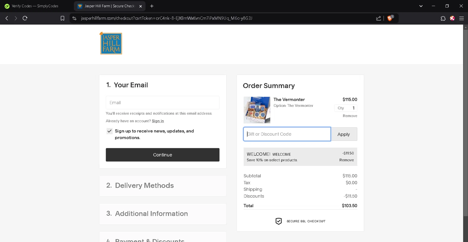 Jasper Hill Farm checkout page showing Jasper Hill Farm discount code box | Screenshot taken by SimplyCodes community member on Dec 16, 2024