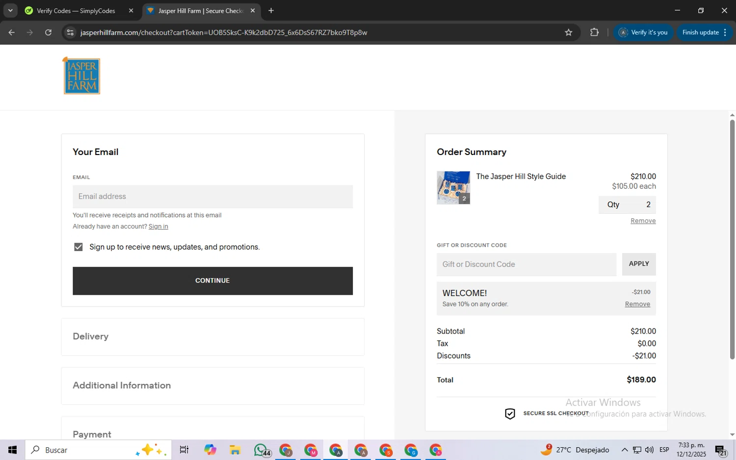 Jasper Hill Farm discount code screenshot showing code welcome applied at Jasper Hill Farm checkout page. Uploaded by SimplyCodes community member ScanSpotter8851 on Dec 12, 2025