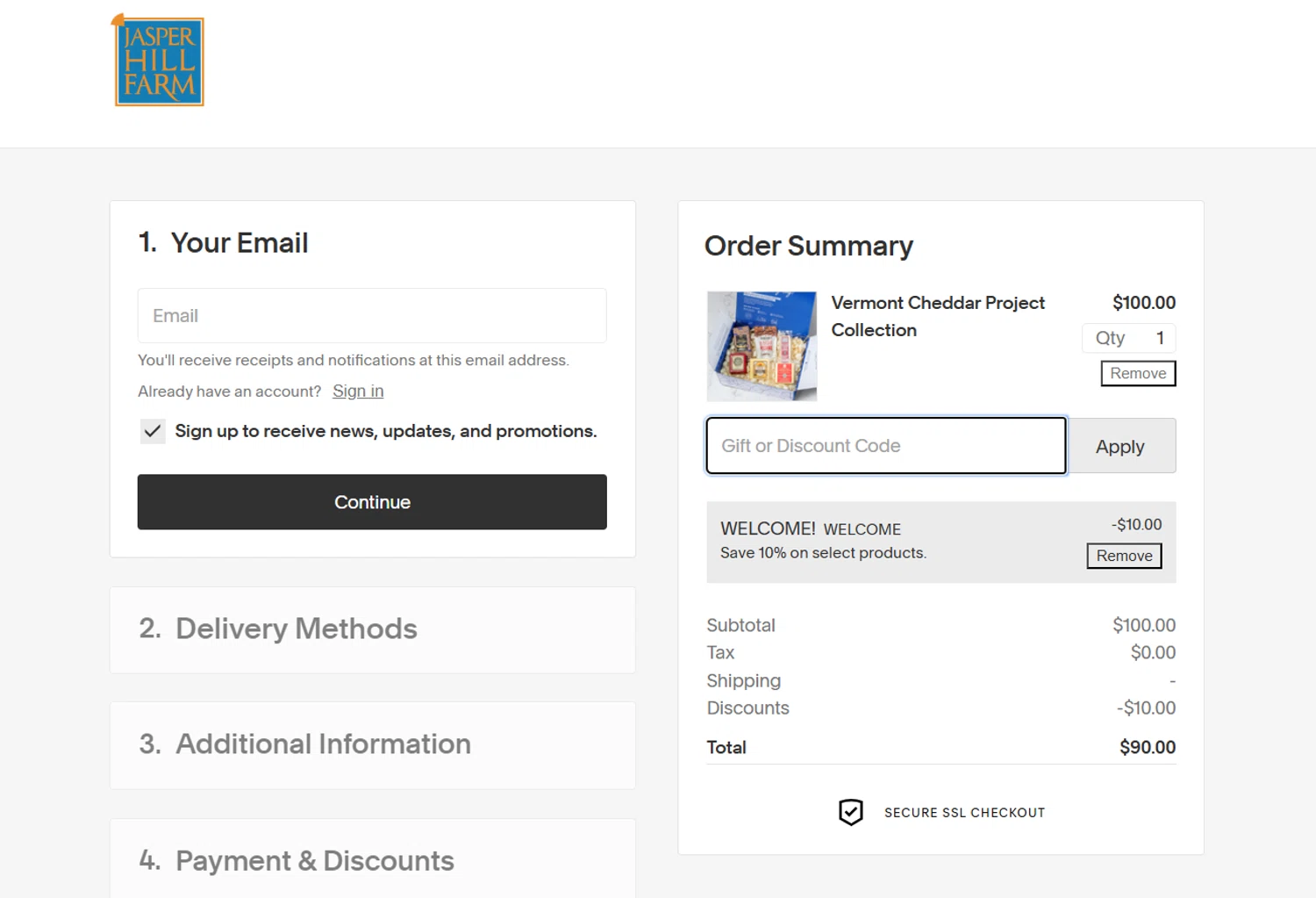 Jasper Hill Farm discount code screenshot showing code welcome applied at Jasper Hill Farm checkout page. Uploaded by SimplyCodes community member EpicTiger3556 on Mar 16, 2025