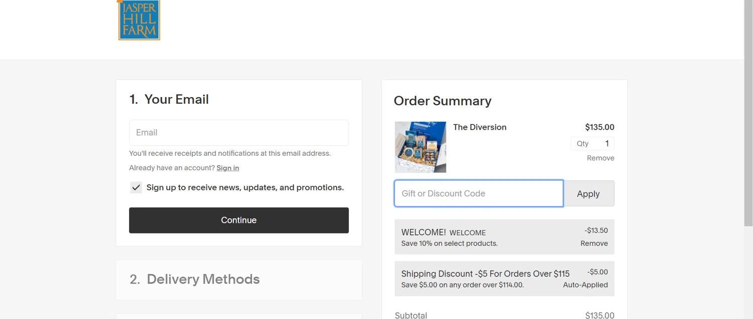 Jasper Hill Farm checkout page showing Jasper Hill Farm discount code box | Screenshot taken by SimplyCodes community member on Jun 15, 2024