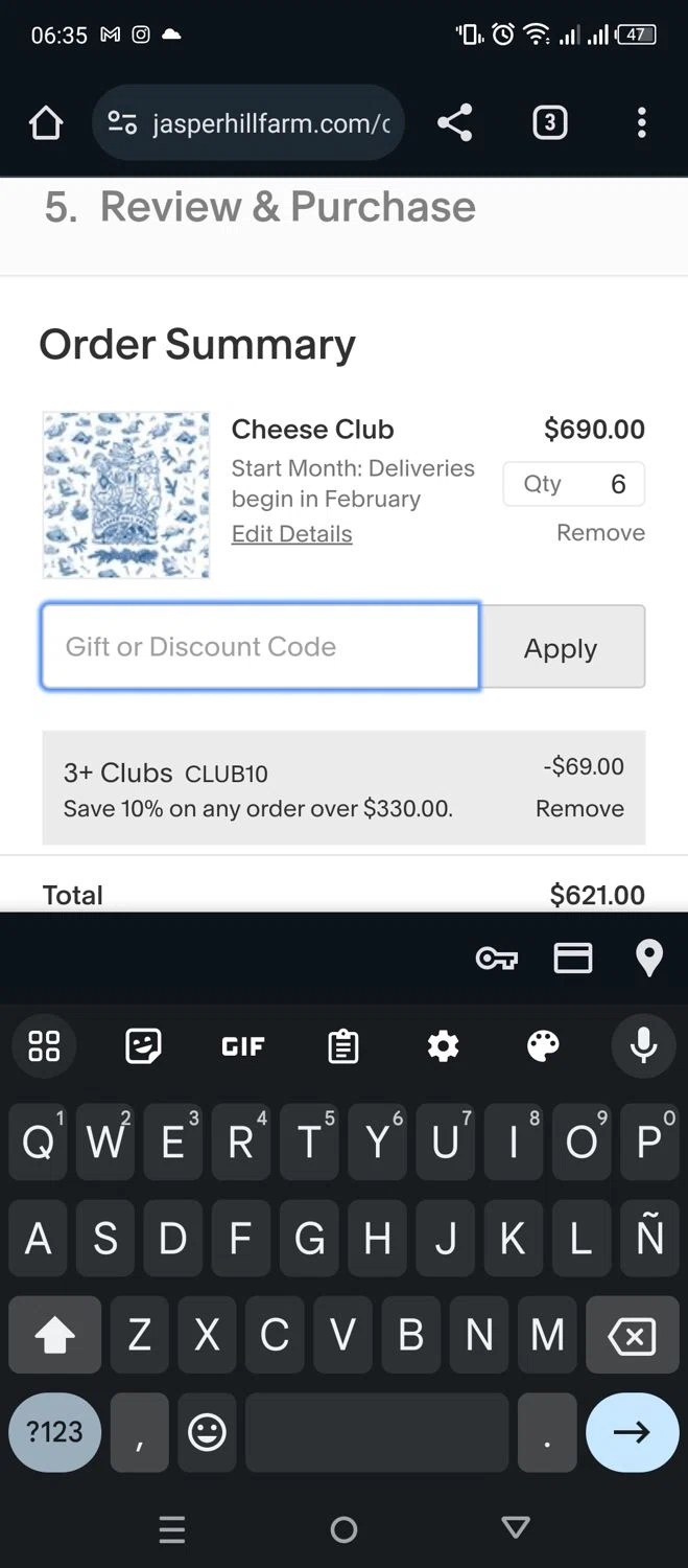 Jasper Hill Farm checkout page showing Jasper Hill Farm discount code box | Screenshot taken by SimplyCodes community member on Jan 25, 2024