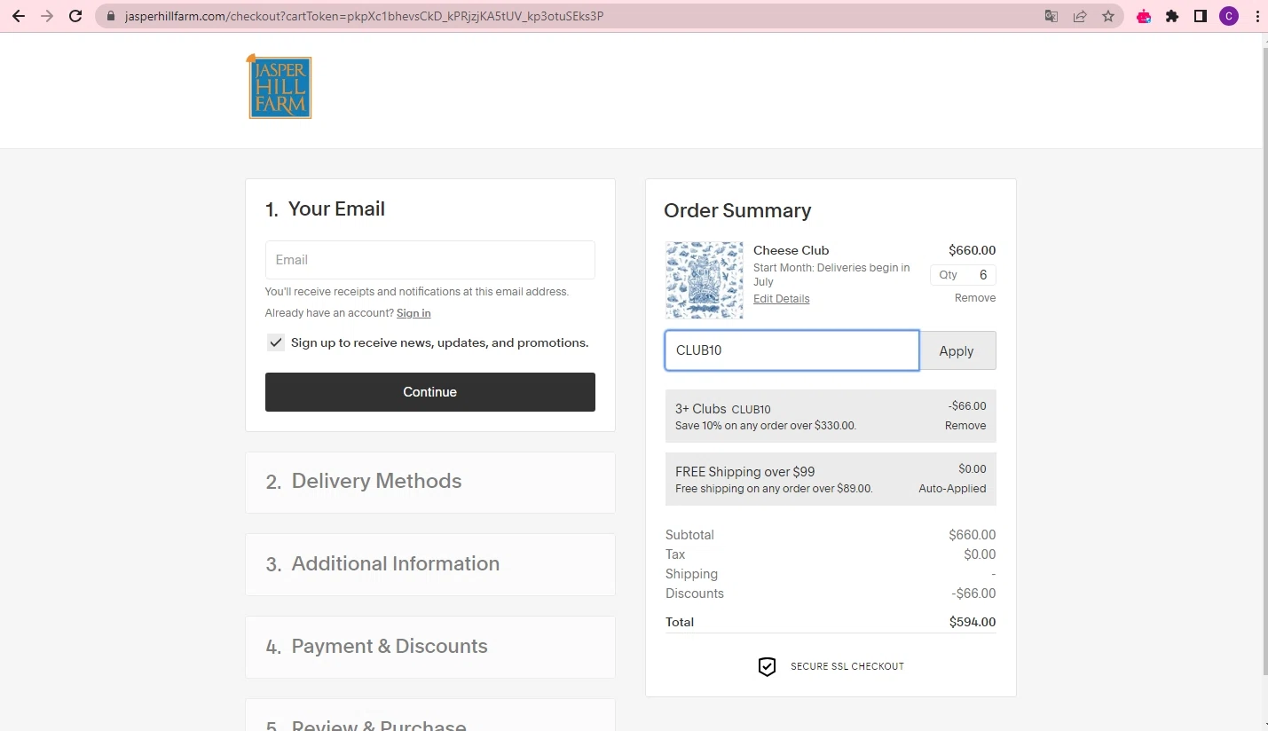 Jasper Hill Farm checkout page showing Jasper Hill Farm discount code box | Screenshot taken by SimplyCodes community member on Jun 10, 2023