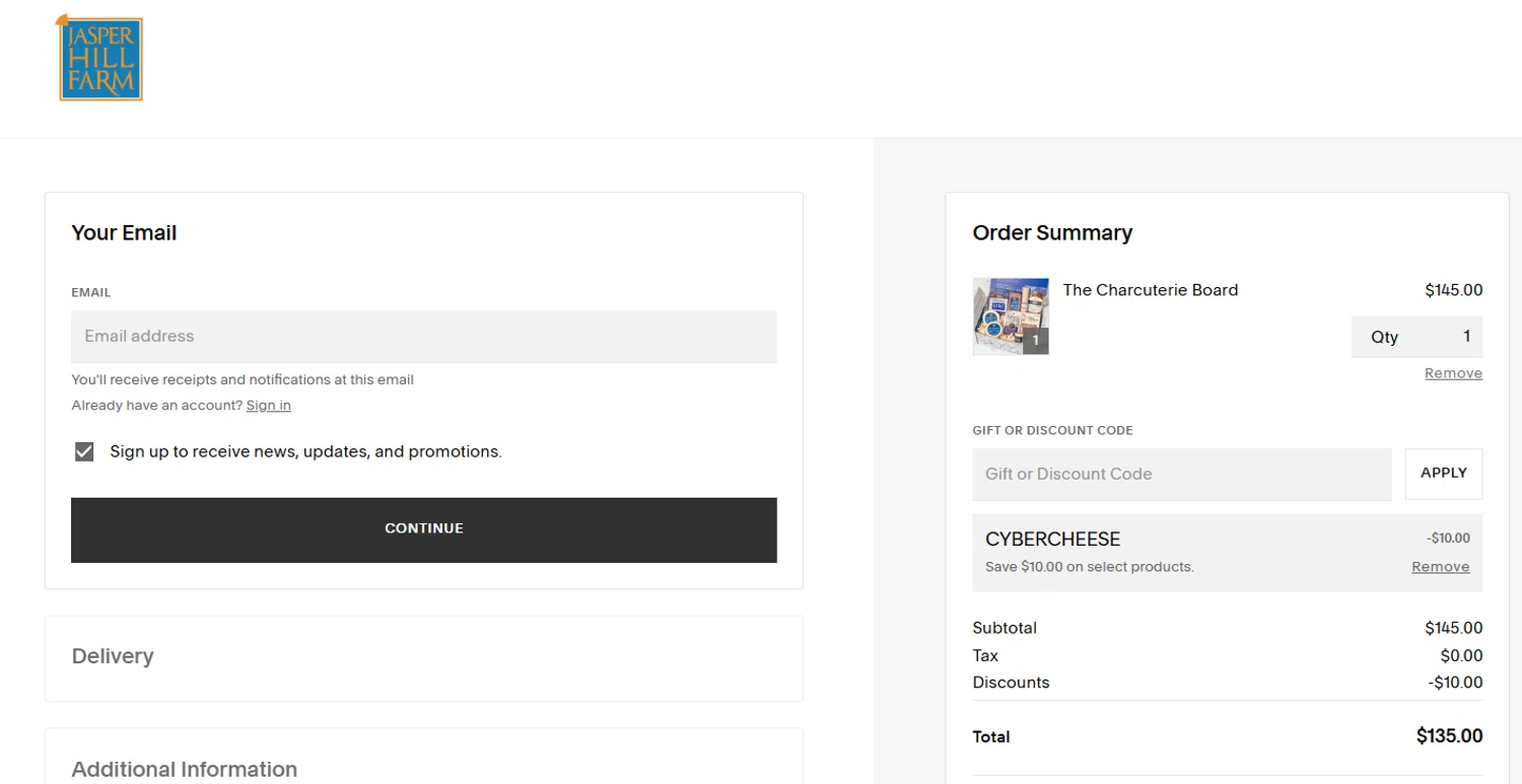 Jasper Hill Farm discount code screenshot showing code CYBERCHEESE applied at Jasper Hill Farm checkout page. Uploaded by SimplyCodes community member jesspea on Dec 1, 2025