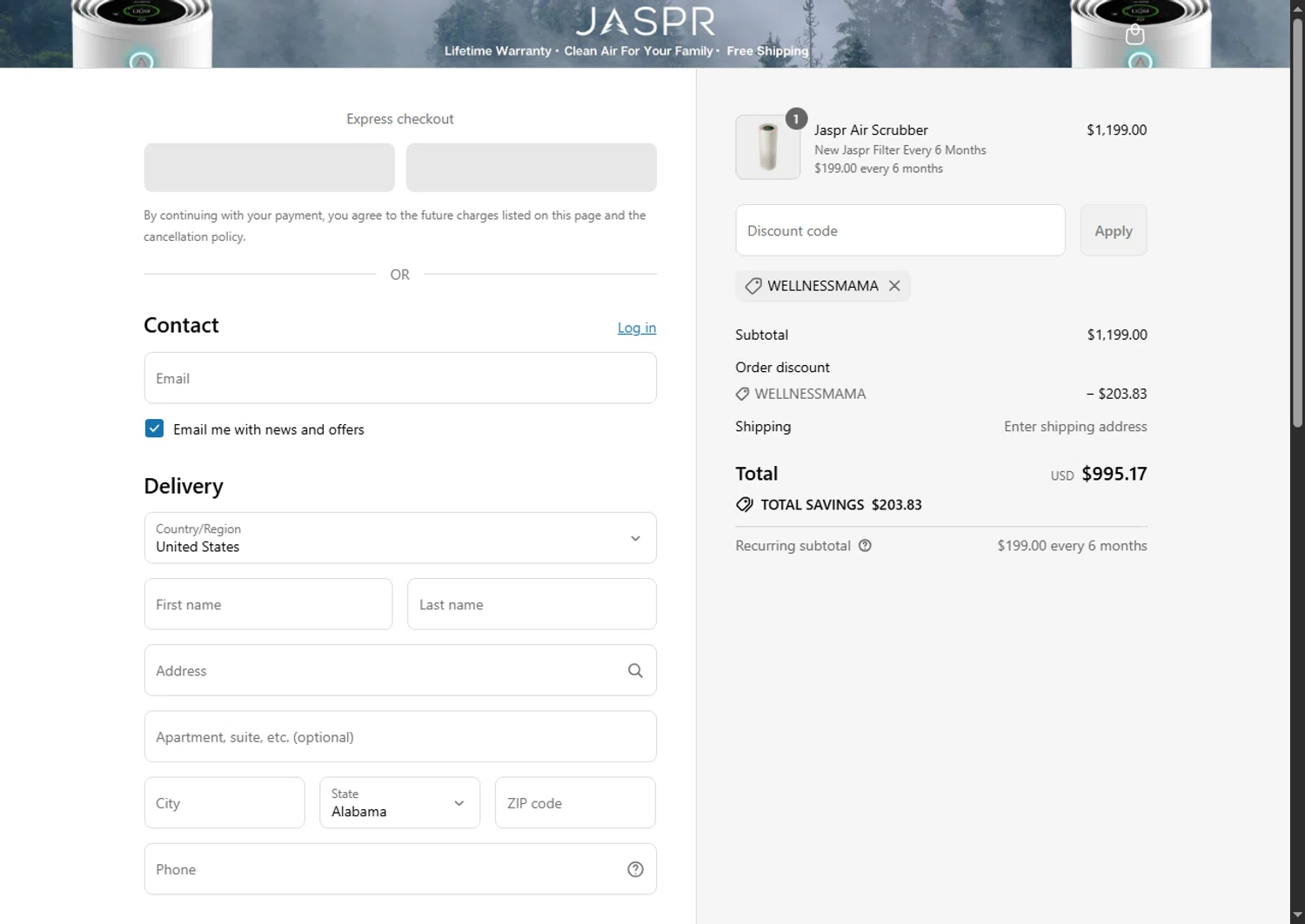 Jaspr Air Purifier discount code screenshot showing code wellnessmama applied at Jaspr Air Purifier checkout page. Uploaded by SimplyCodes community member BeaMartinez on Jul 20, 2025