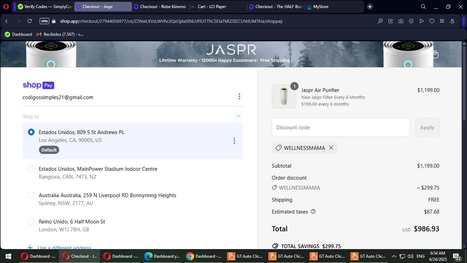Jaspr Air Purifier discount code screenshot showing code wellnessmama applied at Jaspr Air Purifier checkout page. Uploaded by SimplyCodes community member MaitoGai on Apr 24, 2025