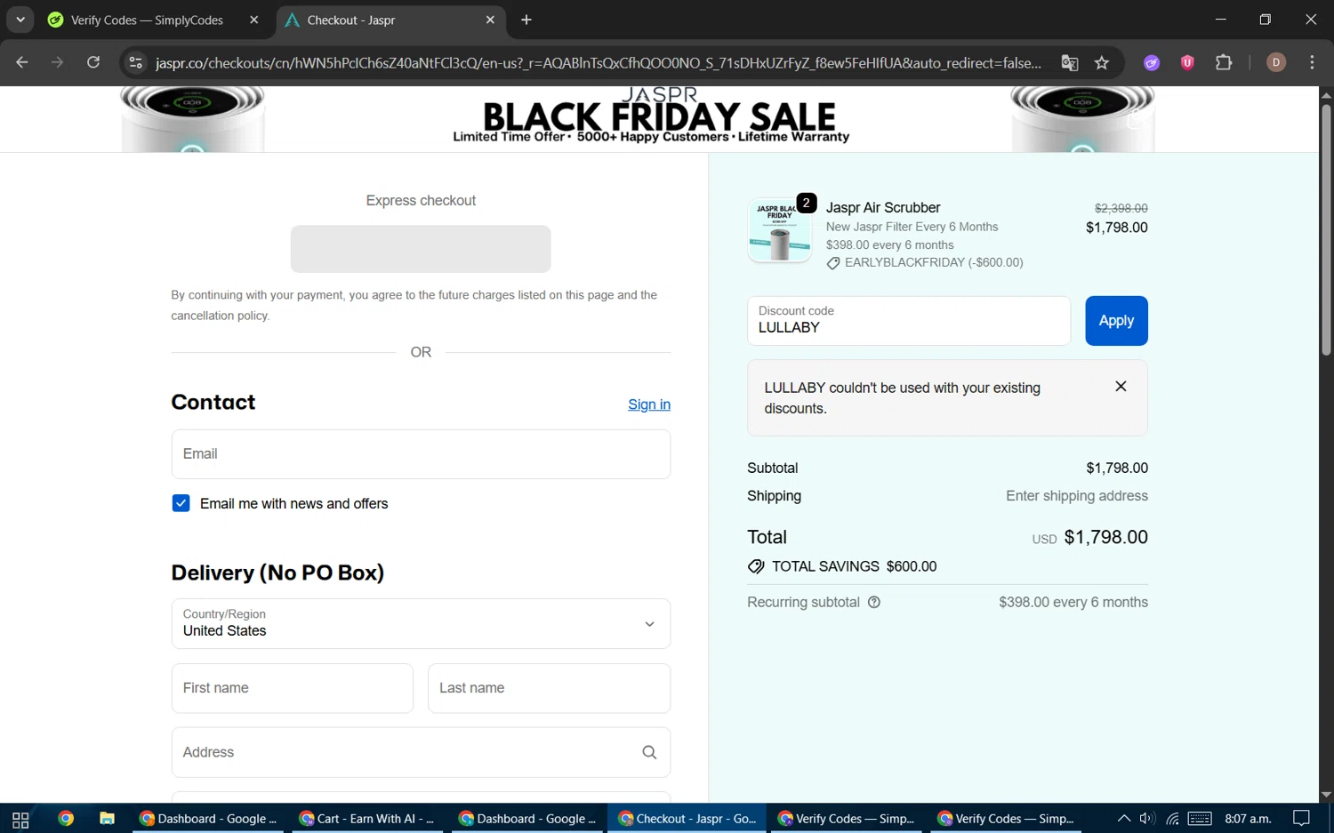 Jaspr Air Purifier discount code screenshot showing code LULLABY applied at Jaspr Air Purifier checkout page. Uploaded by SimplyCodes community member BrilliantWizard8884 on Nov 25, 2025