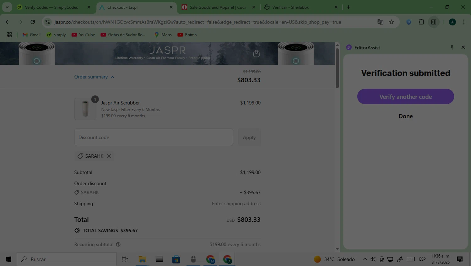Jaspr Air Purifier discount code screenshot showing code SARAHK applied at Jaspr Air Purifier checkout page. Uploaded by SimplyCodes community member Saturno on Jul 31, 2025