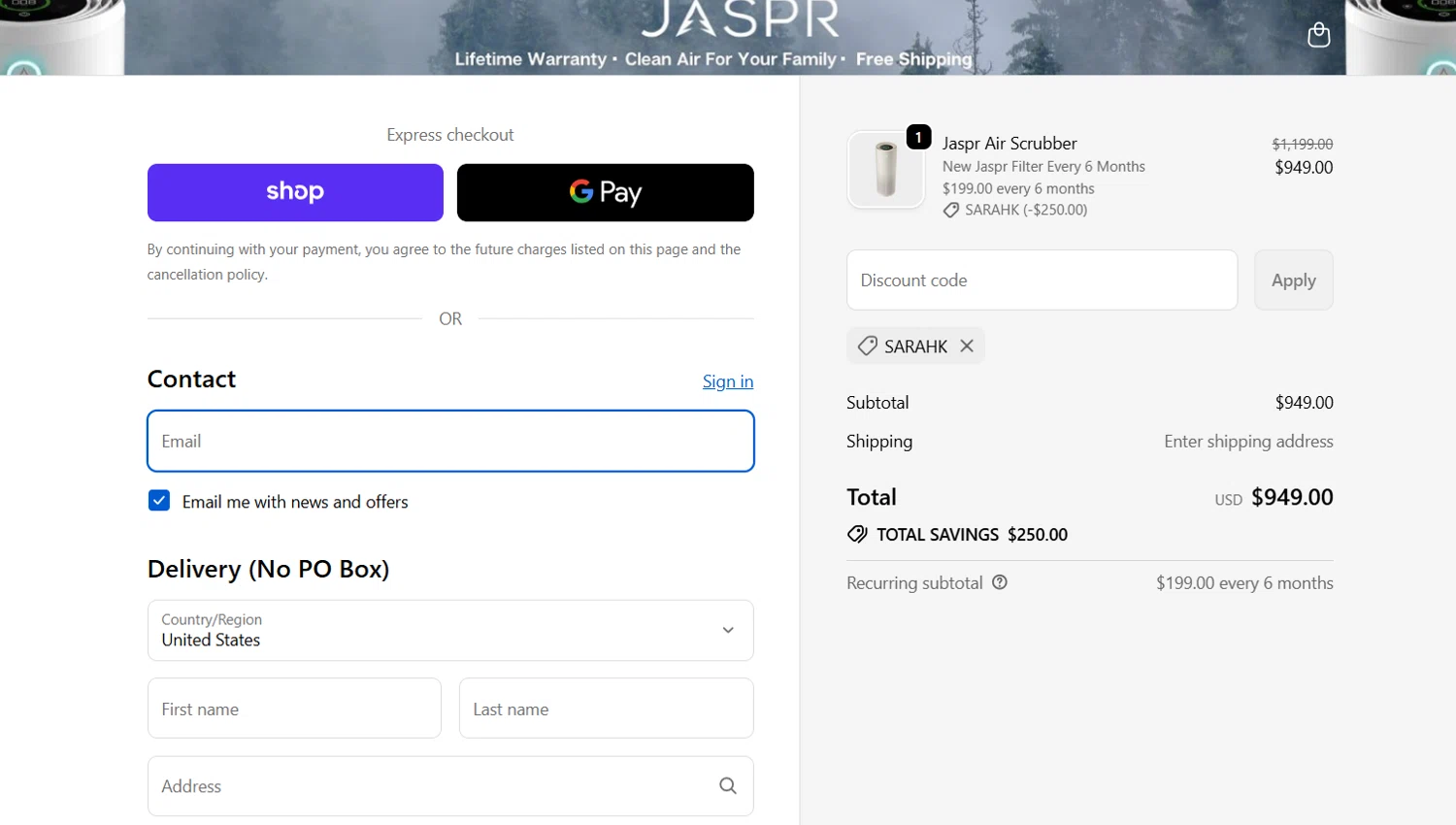 Jaspr Air Purifier discount code screenshot showing code SARAHK applied at Jaspr Air Purifier checkout page. Uploaded by SimplyCodes community member jade5416625024720 on Sep 27, 2025
