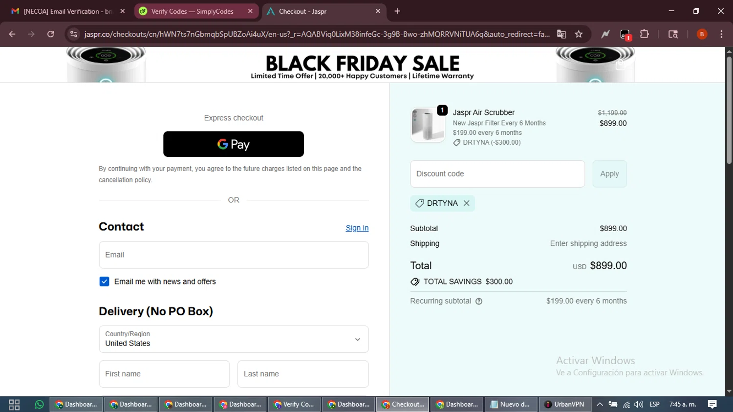 Jaspr Air Purifier checkout page showing Jaspr Air Purifier discount code box | Screenshot taken by SimplyCodes community member on Jan 22, 2026