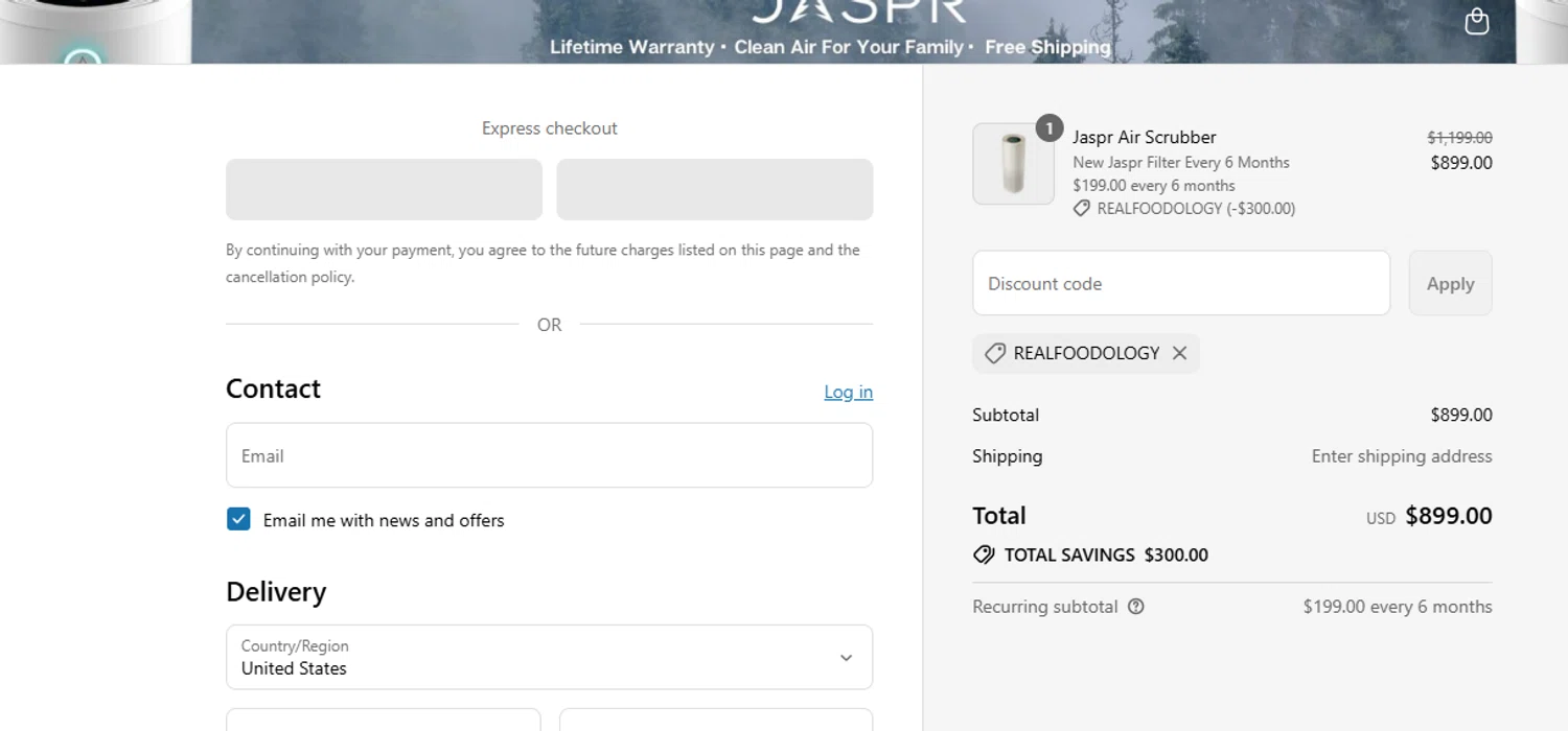 Jaspr Air Purifier discount code screenshot showing code REALFOODOLOGY applied at Jaspr Air Purifier checkout page. Uploaded by SimplyCodes community member YISUZZ on Jul 31, 2025