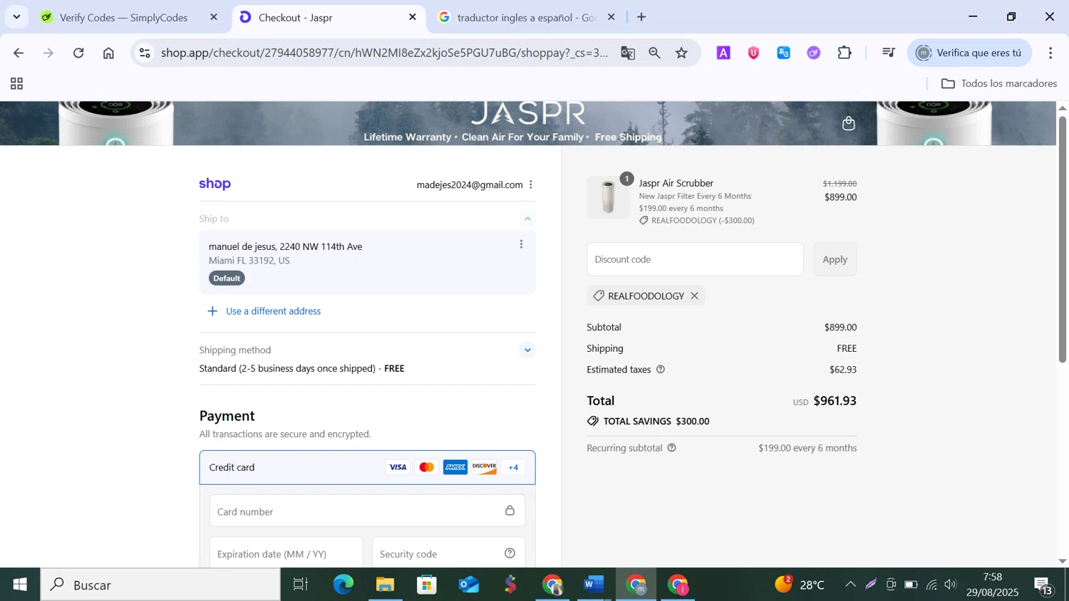 Jaspr Air Purifier discount code screenshot showing code REALFOODOLOGY applied at Jaspr Air Purifier checkout page. Uploaded by SimplyCodes community member MANUELURBINA on Aug 29, 2025