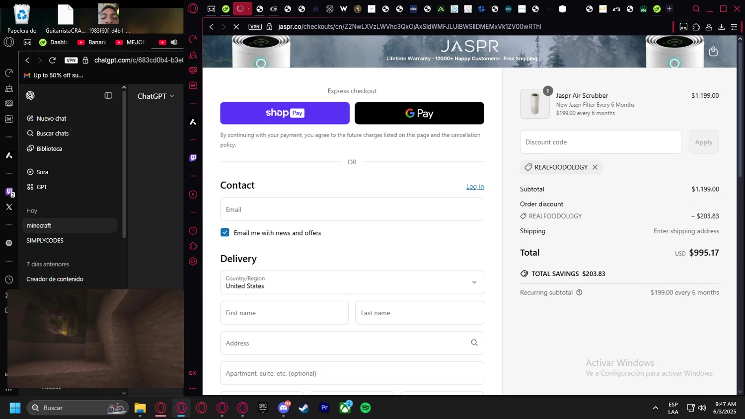 Jaspr Air Purifier discount code screenshot showing code REALFOODOLOGY applied at Jaspr Air Purifier checkout page. Uploaded by SimplyCodes community member leonardocamacho2 on Jun 3, 2025