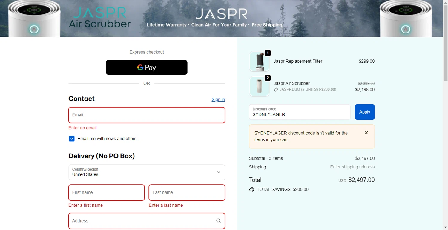 Jaspr Air Purifier discount code screenshot showing code SYDNEYJAGER applied at Jaspr Air Purifier checkout page. Uploaded by SimplyCodes community member BonusFox1297 on Oct 27, 2025