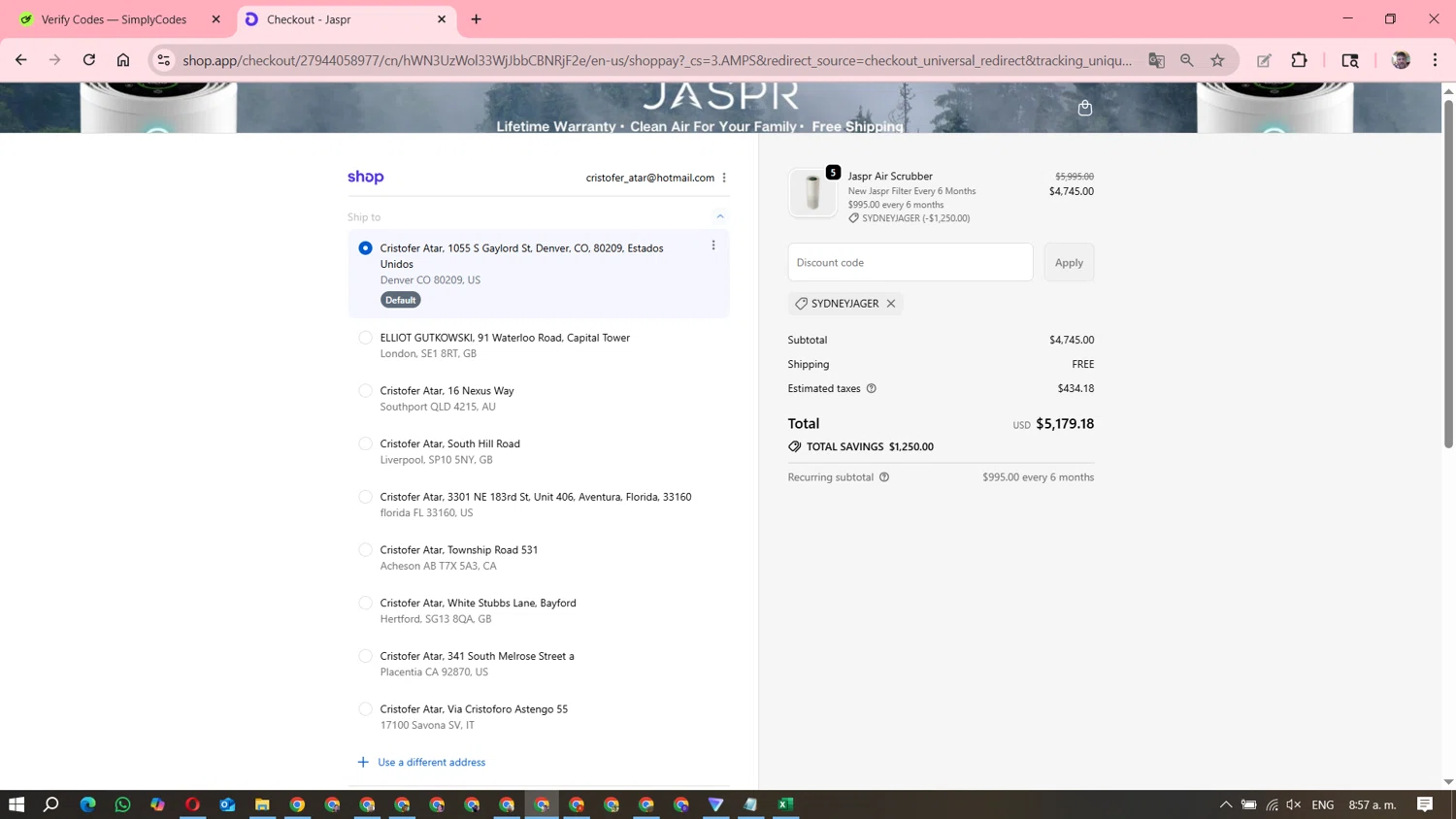 Jaspr Air Purifier discount code screenshot showing code SYDNEYJAGER applied at Jaspr Air Purifier checkout page. Uploaded by SimplyCodes community member DavGutFig on Sep 28, 2025